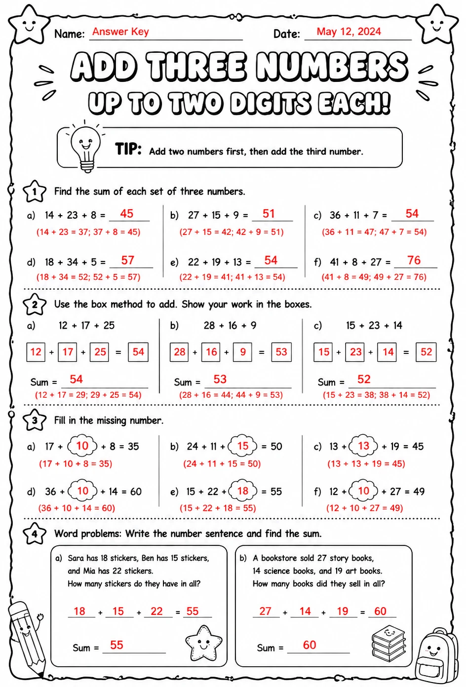 Answer key for Add three numbers up to two digits each — free printable Math worksheet