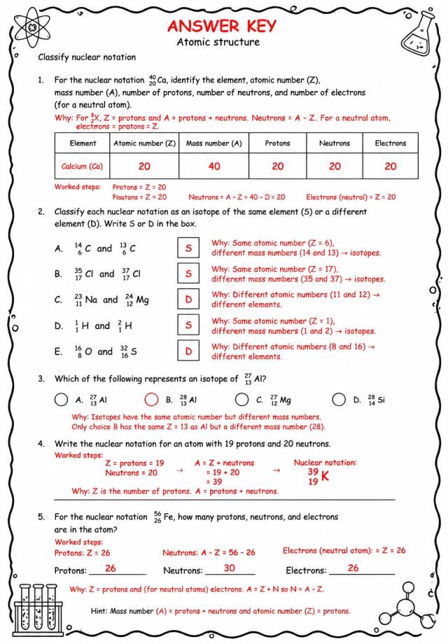 Answer key for Classify nuclear notation — free printable Science worksheet