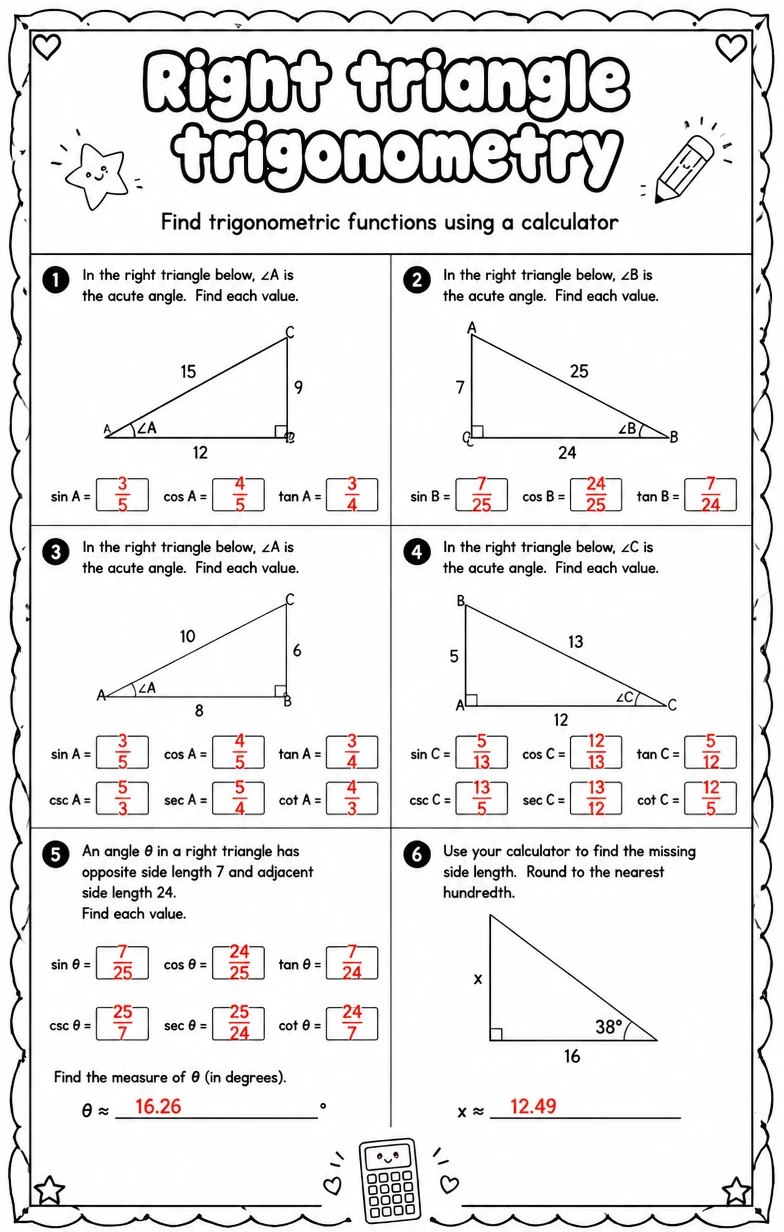 Answer key for Find trigonometric functions using a calculator — free printable Math worksheet