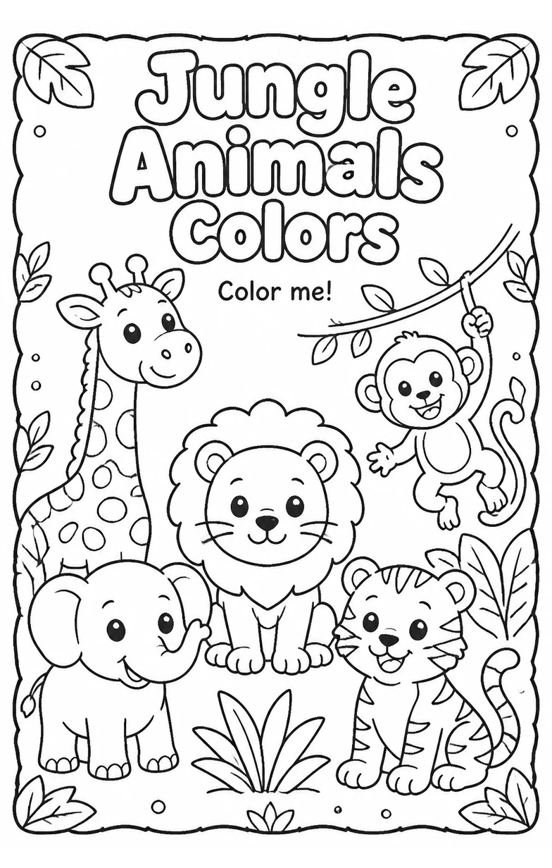 Jungle Animals Colors Coloring Page — free printable Preschool Art worksheet