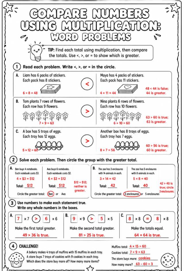 Answer key for Compare numbers using multiplication: word problems — free printable Math worksheet