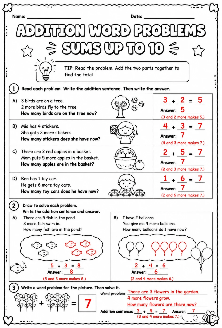 Answer key for Addition word problems - sums up to 10 — free printable Math worksheet