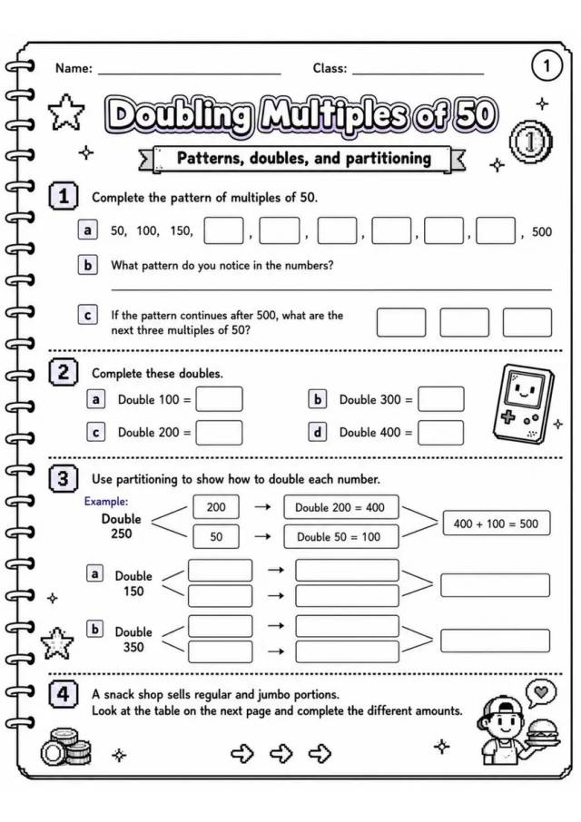 Doubling Multiples of 50 - Grade 3 Math Worksheet - grade 3 Graphs, tables, and data interpretation grade 3 printable PDF preview