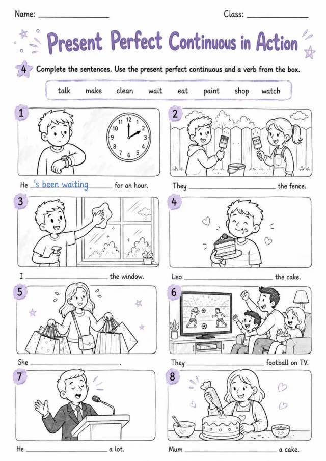 Present Perfect Continuous In Action | Grades 5-6 Grammar Worksheet grades 5 6 printable PDF preview