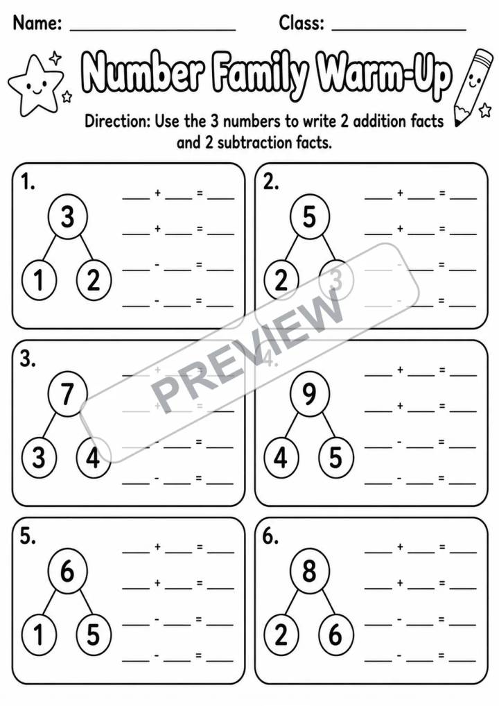 Fact Families Mega Worksheet Pack | 9 Activities | Grades 1-3 watermarked worksheet preview
