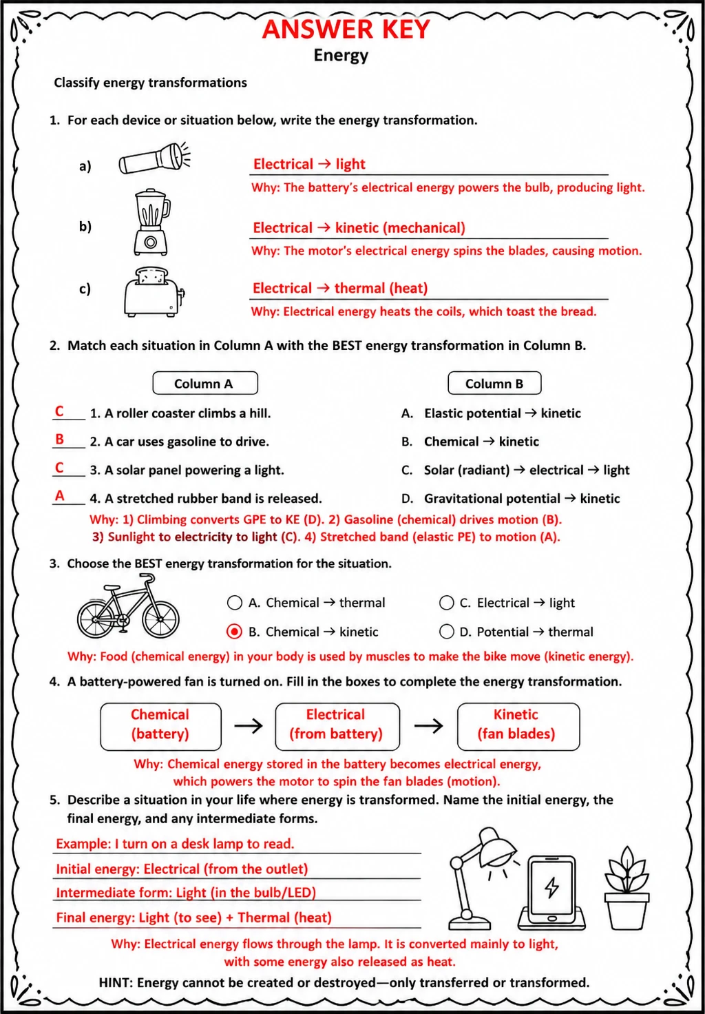 Answer key for Classify energy transformations — free printable Science worksheet