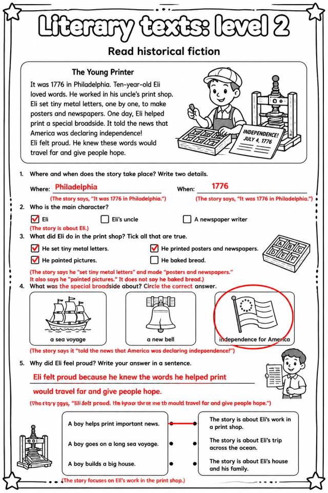 Answer key for Read historical fiction — free printable English & Reading worksheet