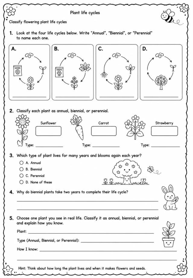 Classify flowering plant life cycles — free printable Grade 4 Science worksheet