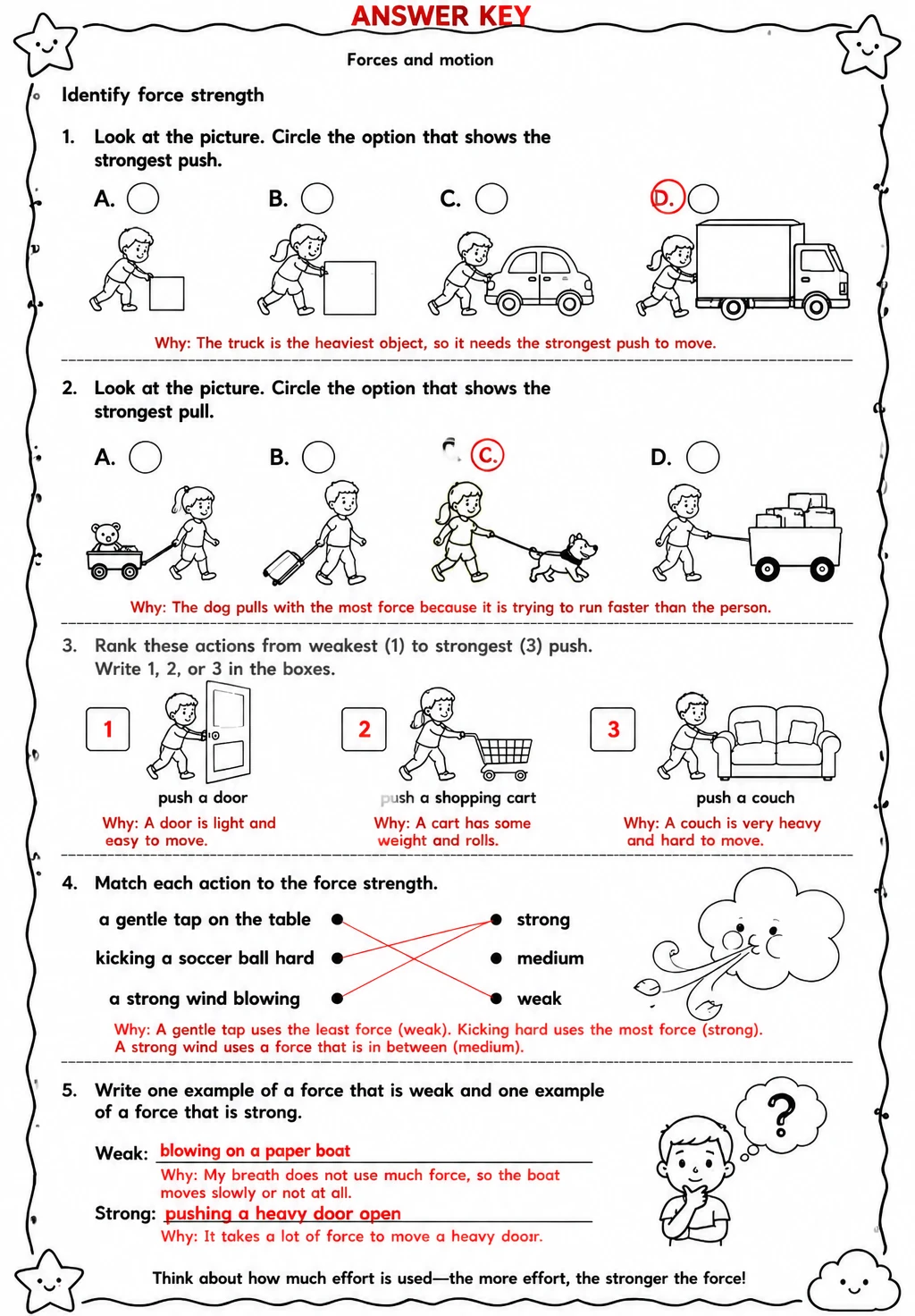 Answer key for Identify force strength — free printable Science worksheet