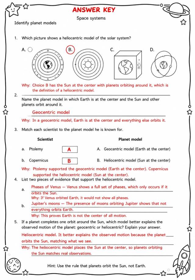 Answer key for Identify planet models — free printable Science worksheet