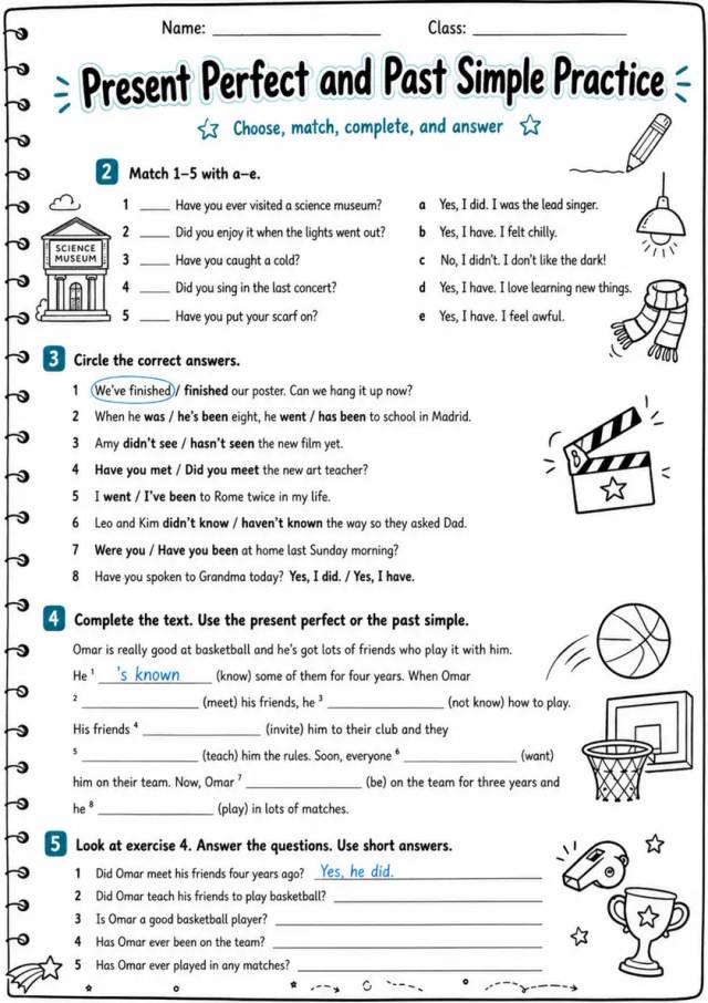 Present Perfect And Past Simple Practice | Grade 5 Grammar Worksheet grade 5 printable PDF preview