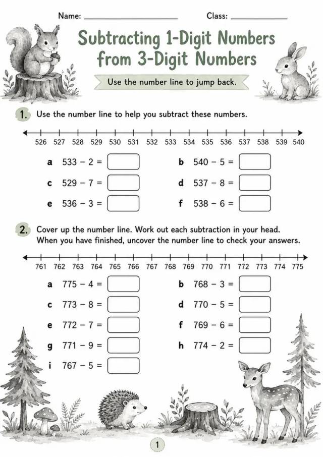 Subtracting 1-Digit Numbers from 3-Digit Numbers - Grade 3 Math Worksheet - grade 3 Printable independent practice grade 3 printable PDF preview