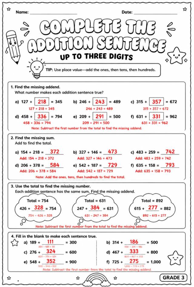 Answer key for Complete the addition sentence: up to three digits — free printable Math worksheet