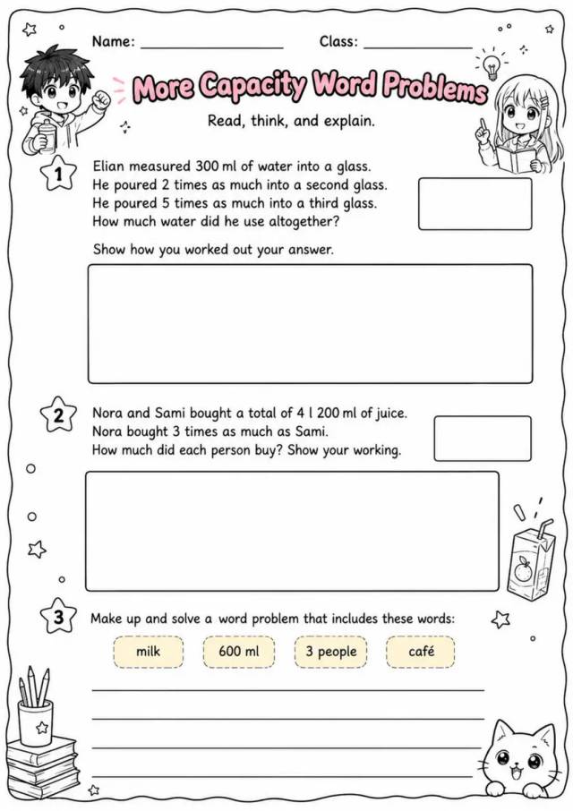 More Capacity Word Problems - Grade 3 Math Worksheet grade 3 printable PDF preview