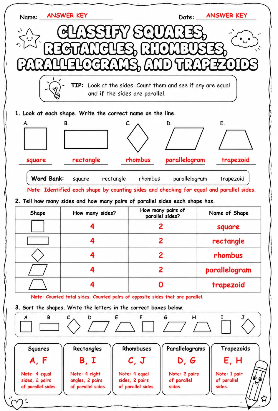 Answer key for Classify squares, rectangles, rhombuses, parallelograms, and trapezoids — free printable Math worksheet