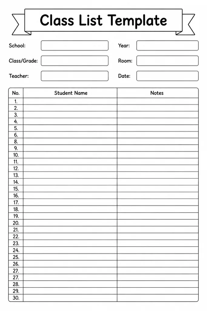 Blank printable class list template with numbered student name rows and empty customisable columns for teacher records