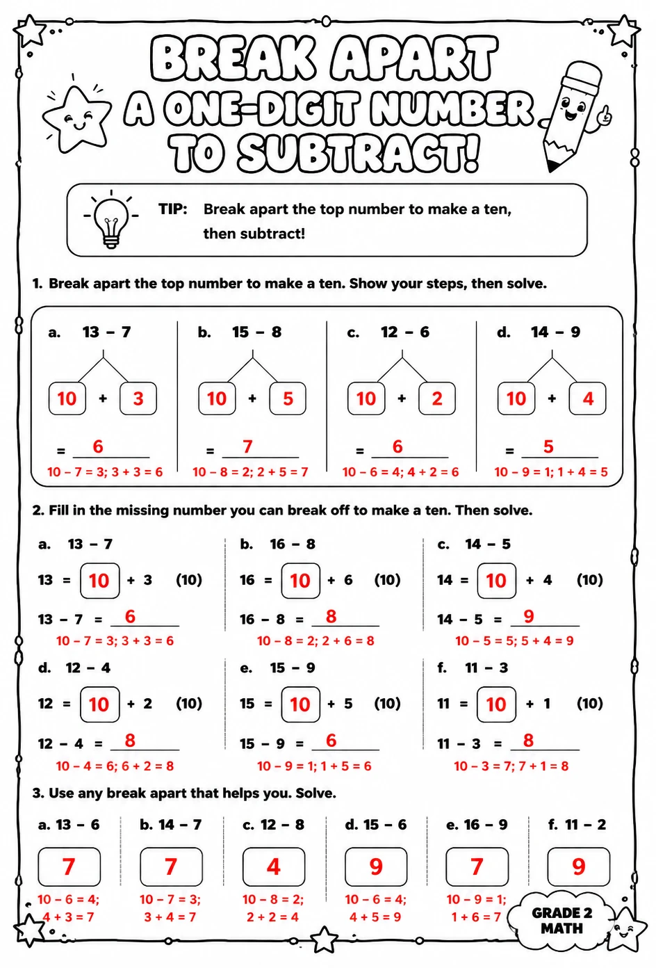 Answer key for Break apart a one-digit number to subtract — free printable Math worksheet