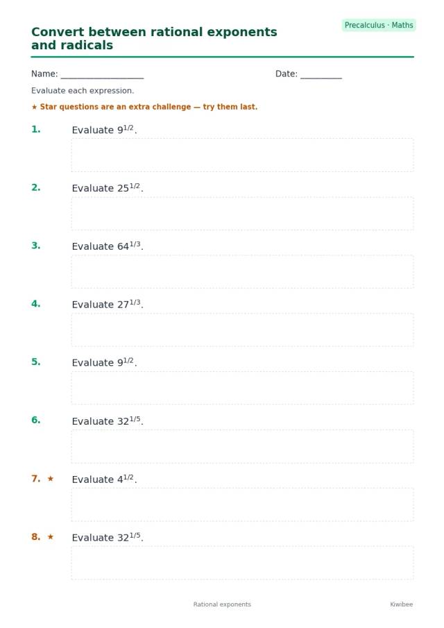 Convert between rational exponents and radicals worksheet — Precalculus