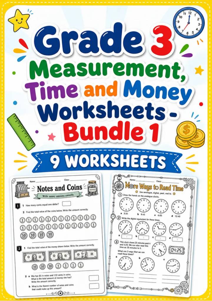 Grade 3 Measurement, Time and Money Worksheets - Pack 1 grade 3 printable PDF preview