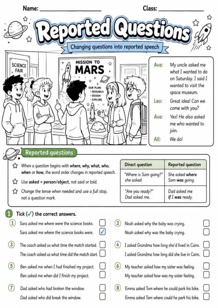 Reported Speech Pack - 6 Worksheets | Grades 5-6 Grammar grades 5 6 printable PDF preview