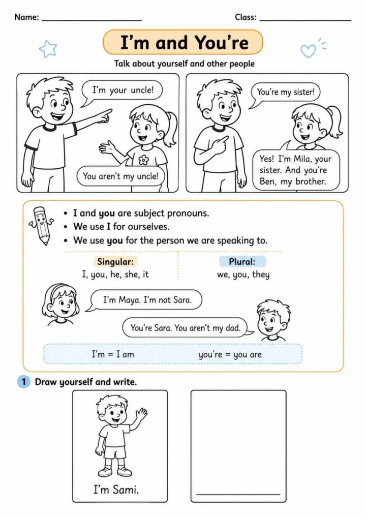 Family Pronouns and Possessives Pack - 4 Worksheets | Grade 1 Grammar grade 1 printable PDF preview