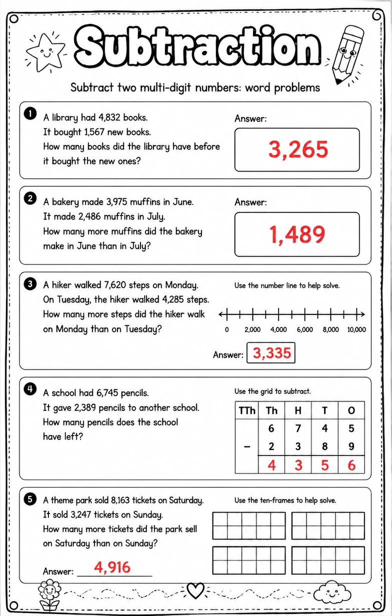 Answer key for Subtract two multi-digit numbers: word problems — free printable Math worksheet