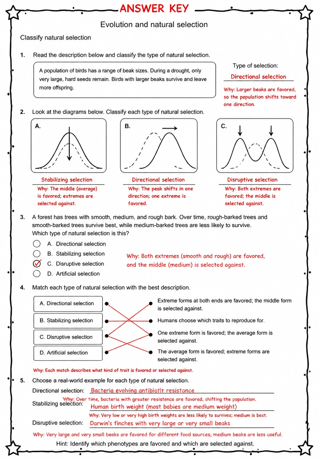 Answer key for Classify natural selection — free printable Science worksheet