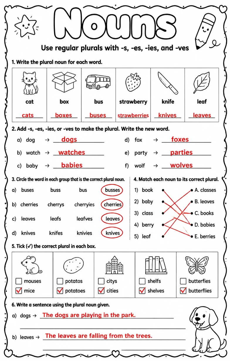 Answer key for Use regular plurals with -s, -es, -ies, and -ves — free printable English & Reading worksheet