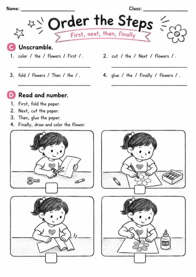 Order The Steps | Grade 2 English Language Arts Worksheet grade 2 printable PDF preview