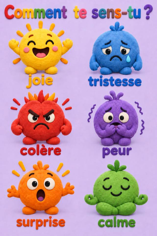 Six personnages colorés de style feutrine, avec les légendes joie, tristesse, colère, peur, surprise et calme sous la question Comment te sens-tu ?