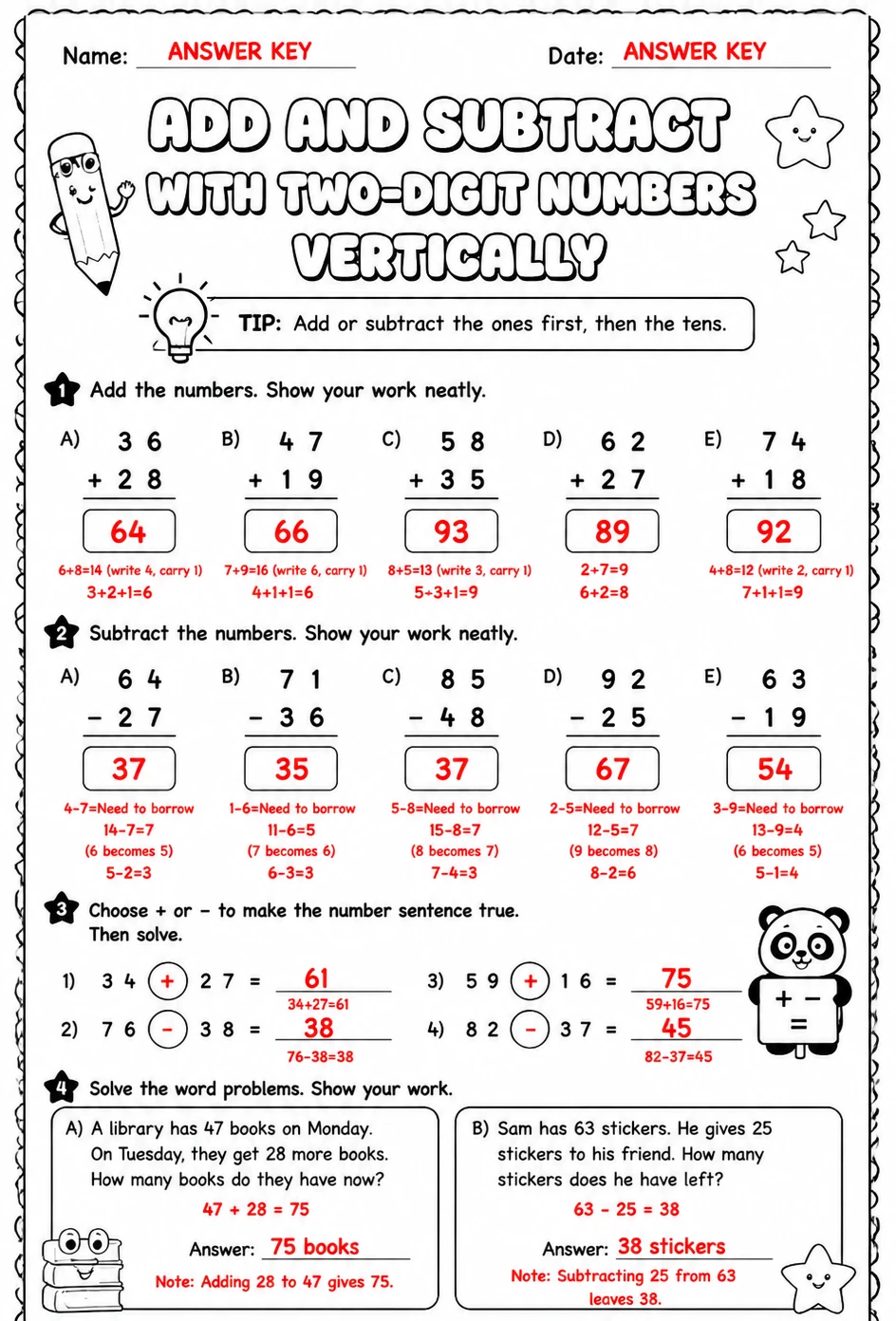 Answer key for Add and subtract with two-digit numbers vertically — free printable Math worksheet