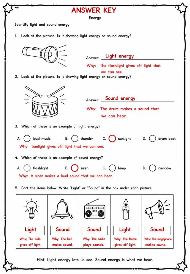 Answer key for Identify light and sound energy — free printable Science worksheet