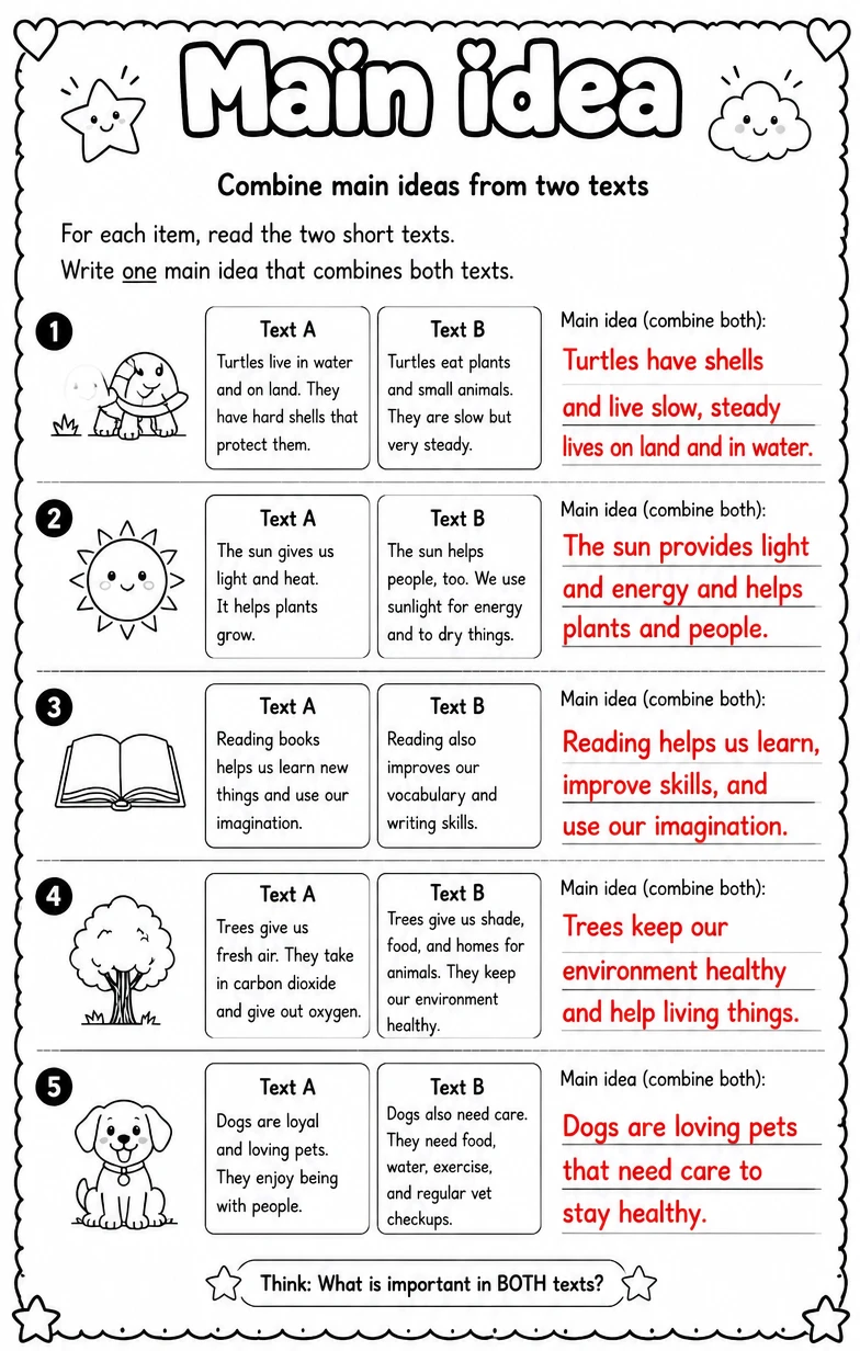 Answer key for Combine main ideas from two texts — free printable English & Reading worksheet