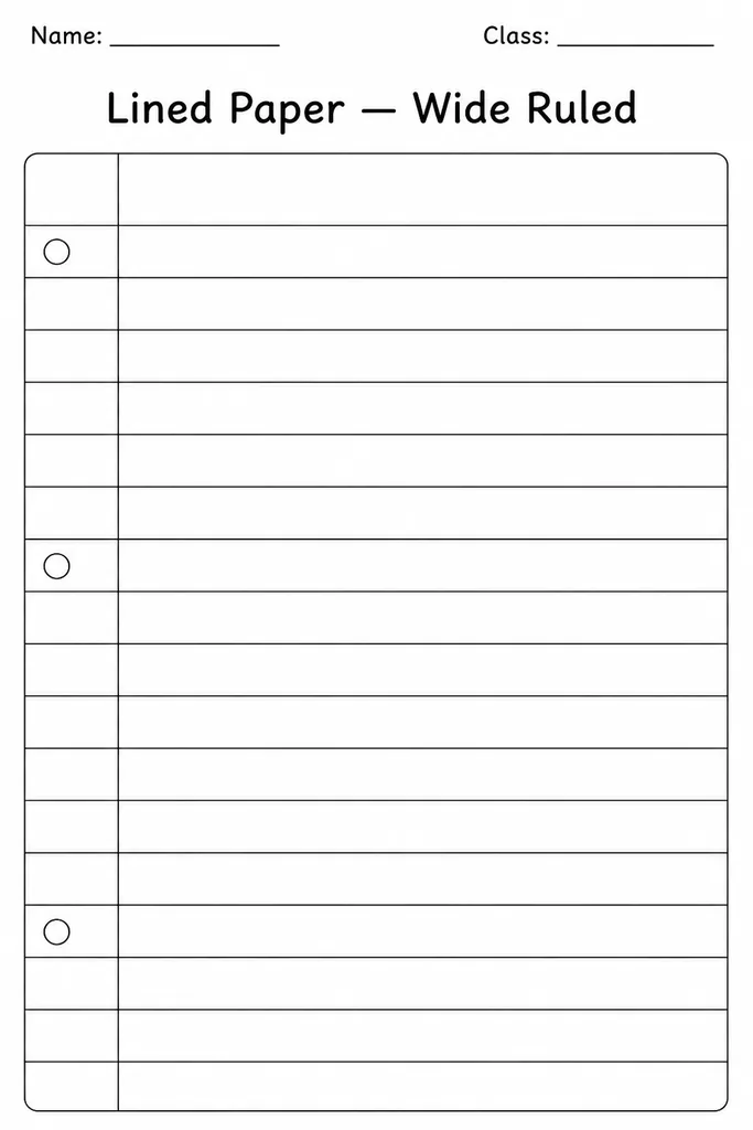 Free printable wide-ruled lined paper template with evenly spaced lines and a small header area for name or date at the top