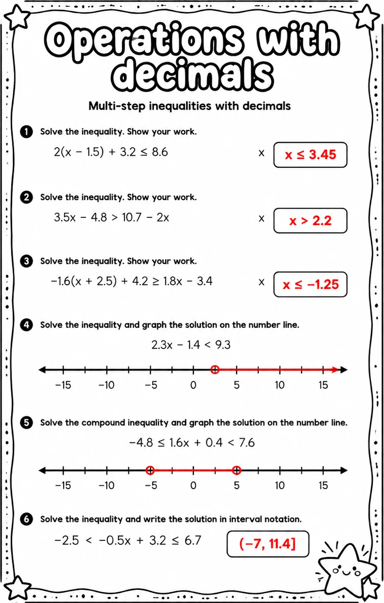 Answer key for Multi-step inequalities with decimals — free printable Math worksheet