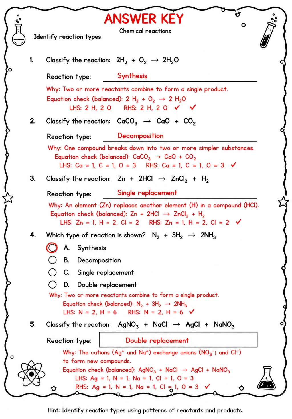 Answer key for Identify reaction types — free printable Science worksheet