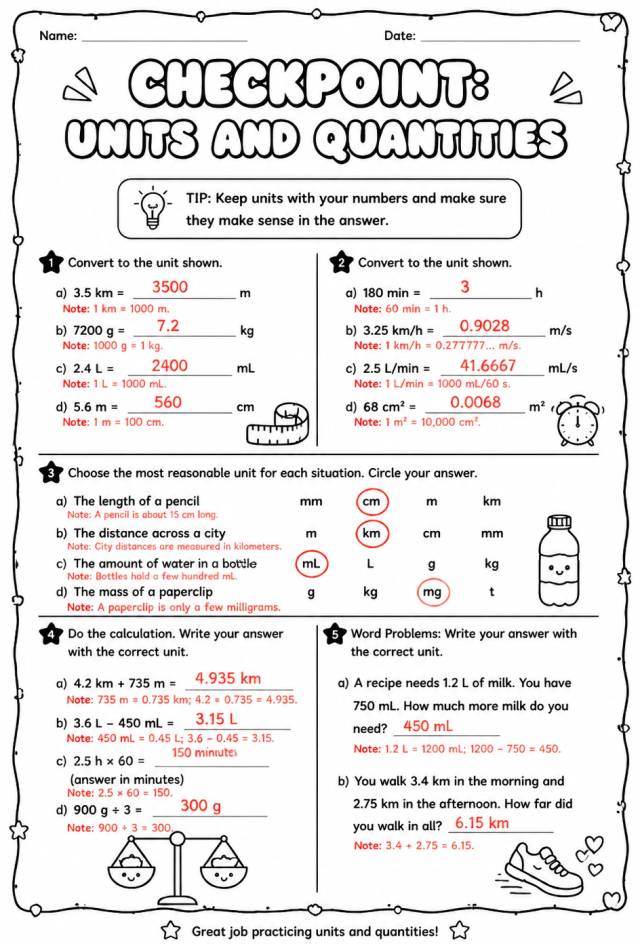 Answer key for Checkpoint: Units and quantities — free printable Math worksheet