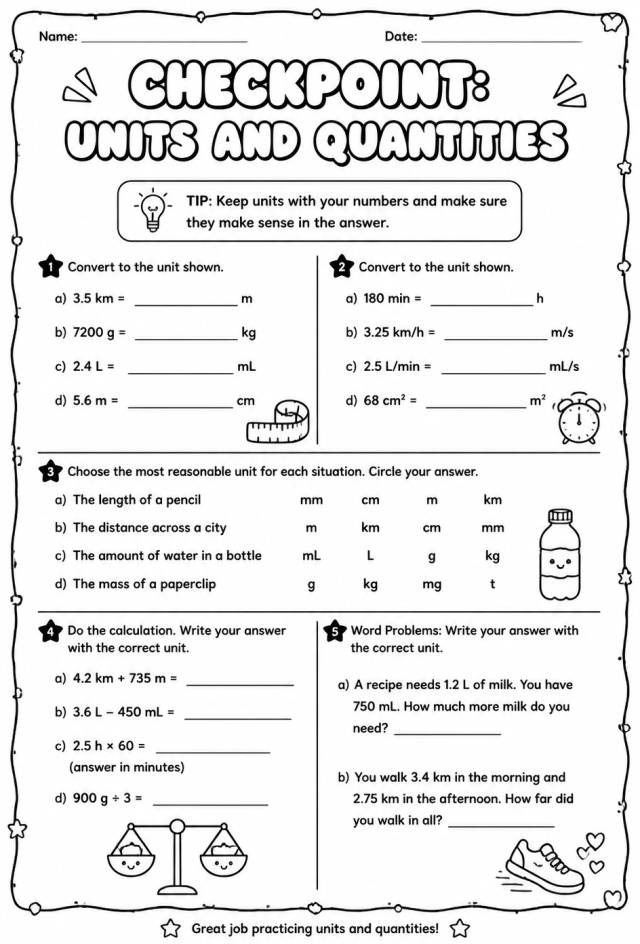 Checkpoint: Units and quantities — free printable Algebra 1 math worksheet