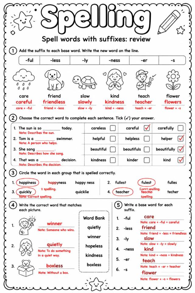 Answer key for Spell words with suffixes: review — free printable English & Reading worksheet