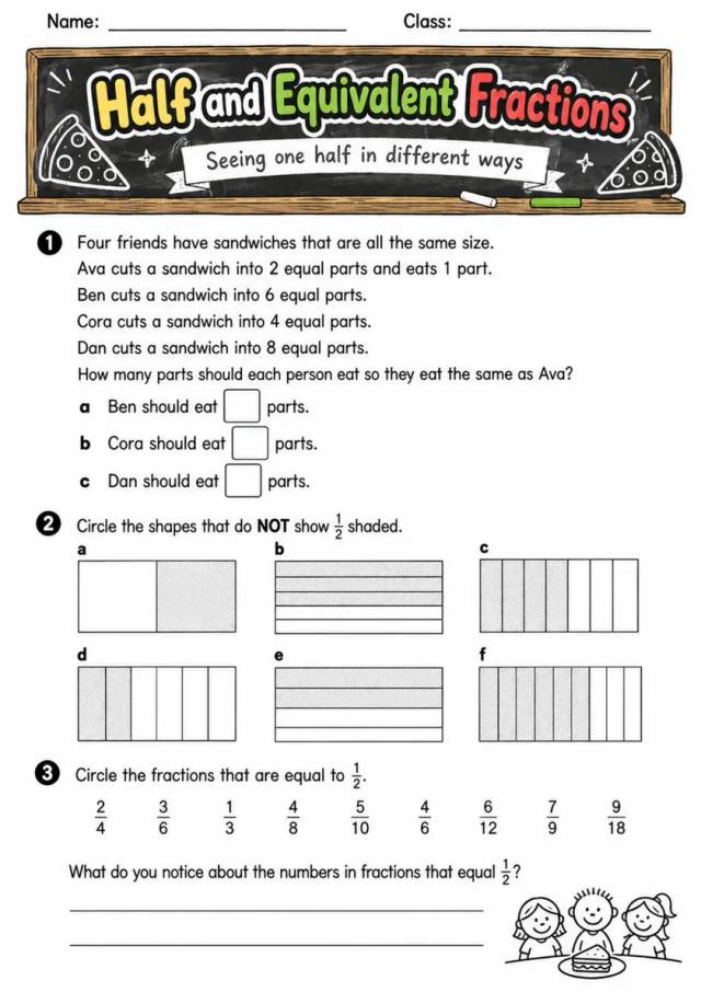 Half and Equivalent Fractions - Grade 3 Math Worksheet grade 3 printable PDF preview