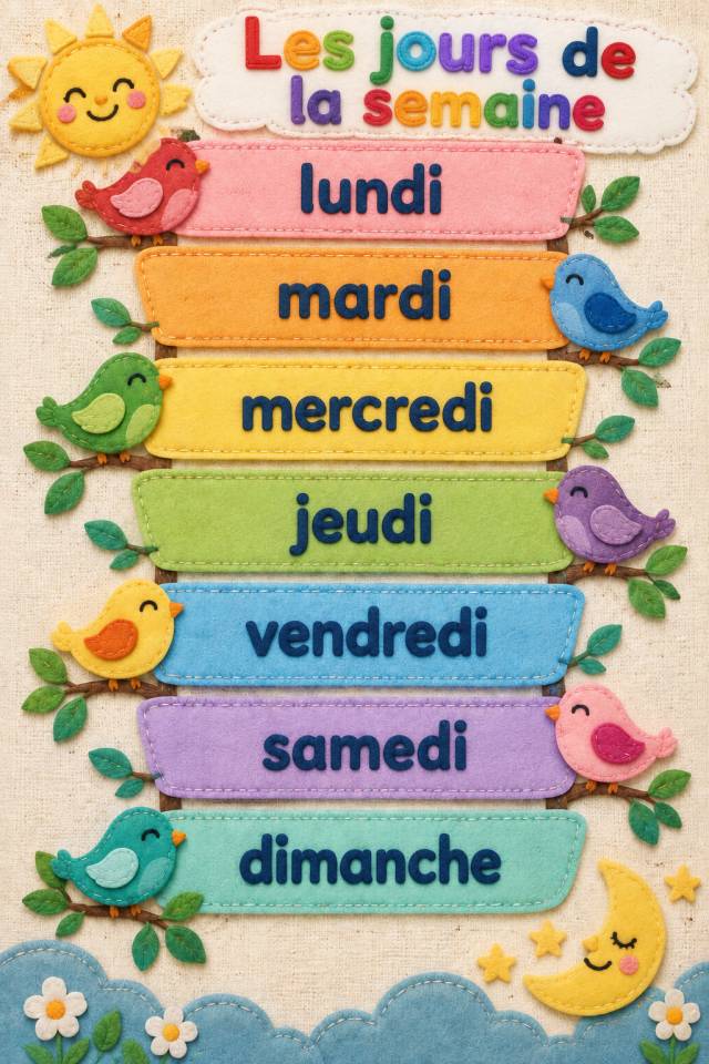 Affiche « Les jours de la semaine » à l’aspect de feutrine brodée, avec sept panneaux colorés portant les mots lundi, mardi, mercredi, jeudi, vendredi, samedi et dimanche.