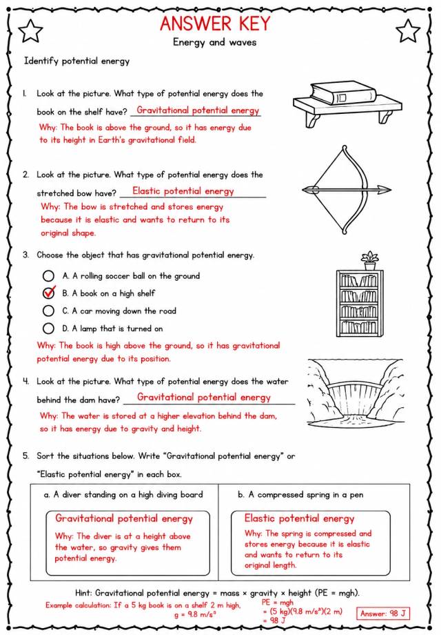 Answer key for Identify potential energy — free printable Science worksheet