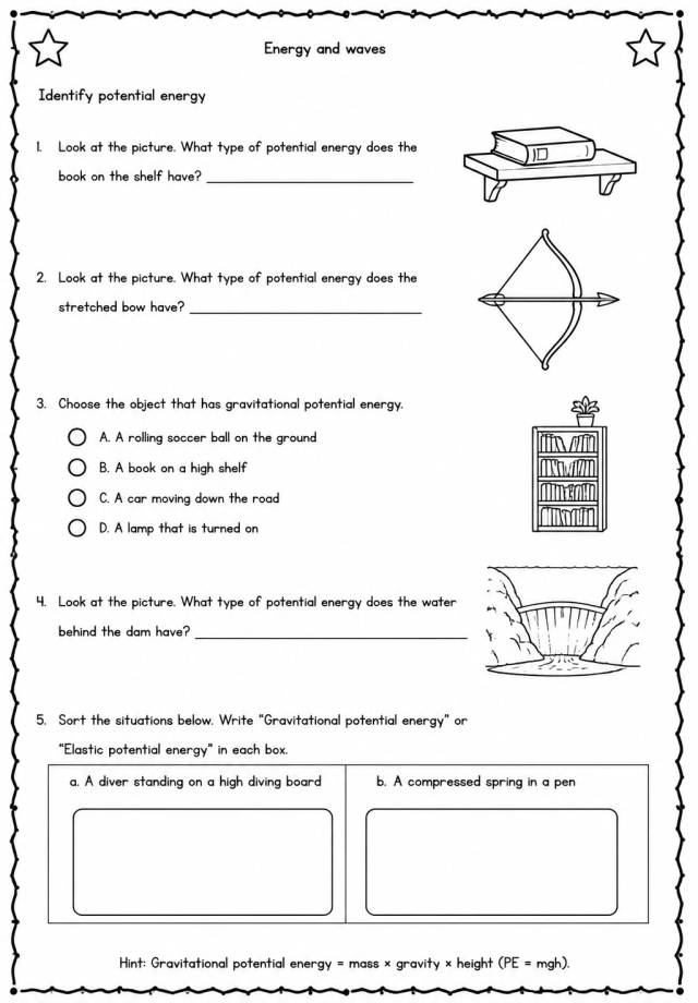 Identify potential energy — free printable Middle School Science worksheet