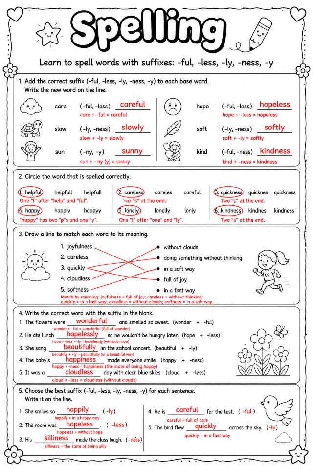 Answer key for Learn to spell words with suffixes: -ful, -less, -ly, -ness, -y — free printable English & Reading worksheet