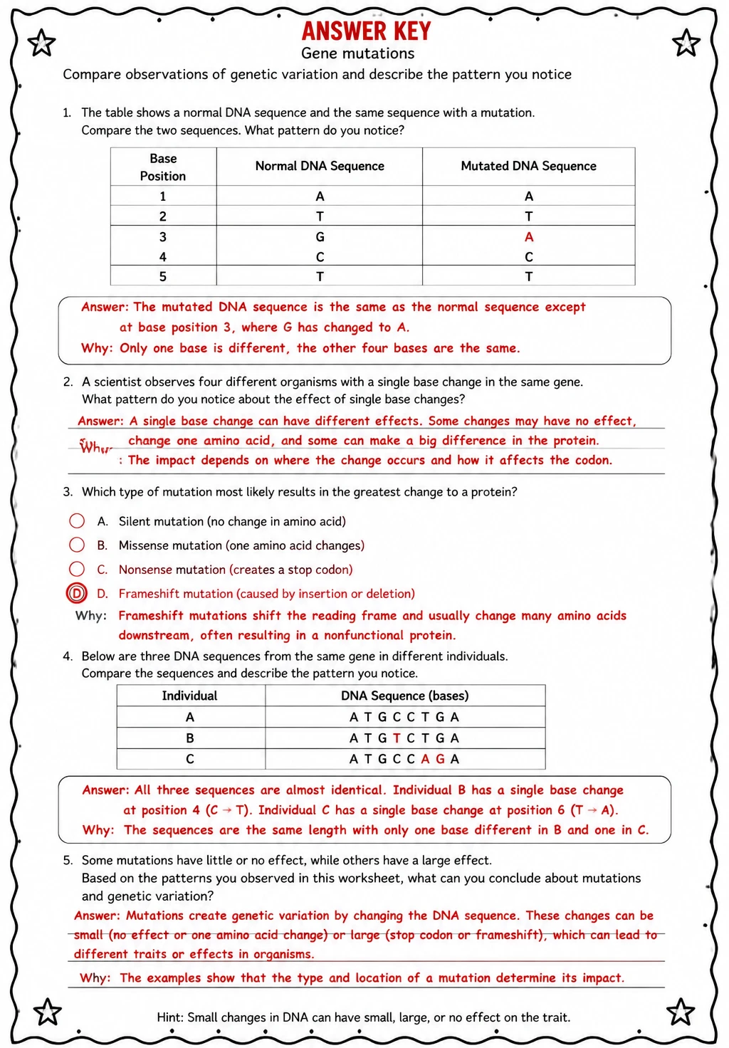 Answer key for Compare observations of genetic variation and describe the pattern you notice — free printable Science worksheet