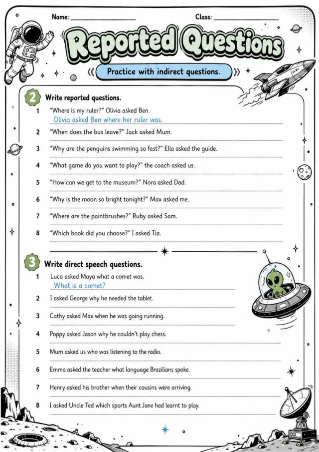 Reported Questions 2 | Grades 5-6 Grammar Worksheet grades 5 6 printable PDF preview
