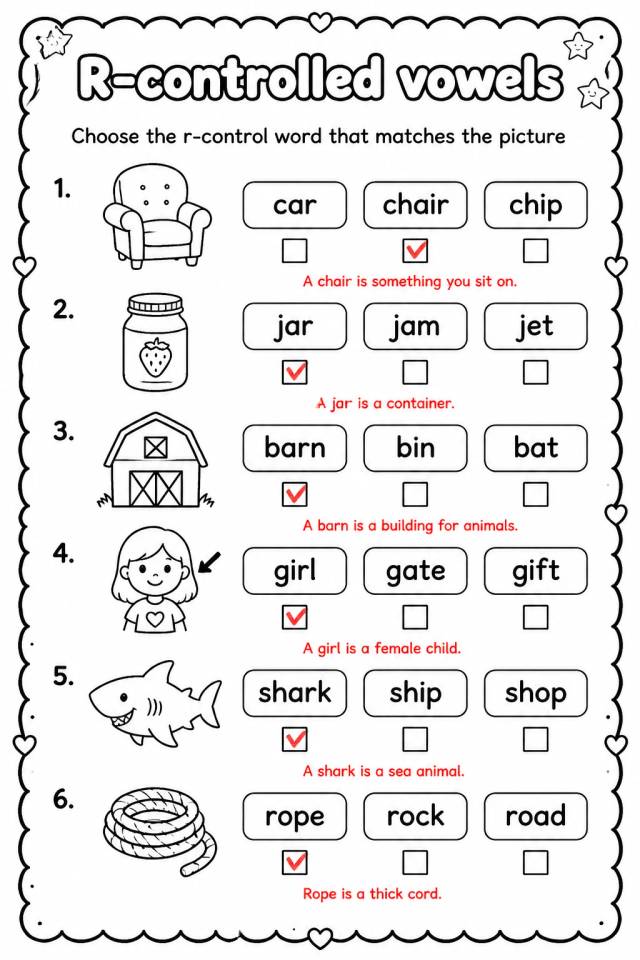Answer key for Choose the r-control word that matches the picture — free printable English & Reading worksheet