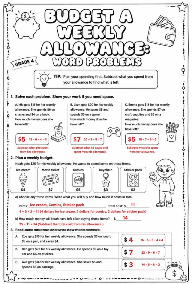 Answer key for Budget a weekly allowance: word problems — free printable Math worksheet