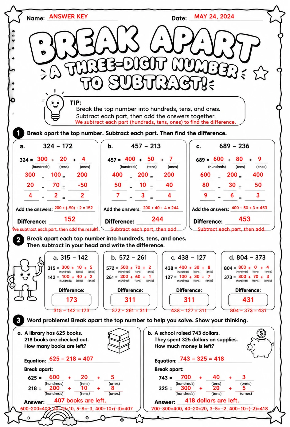 Answer key for Break apart a three-digit number to subtract — free printable Math worksheet