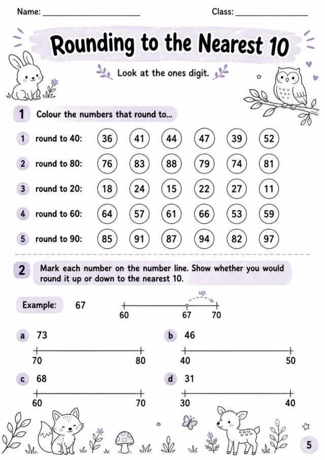 Rounding to the Nearest 10 - Grade 3 Math Worksheet grade 3 printable PDF preview